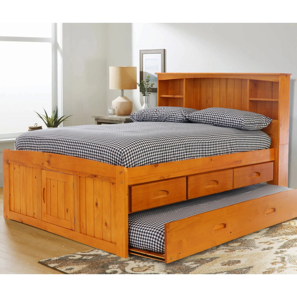 Solid Pine Full Captains Bookcase Bed with 3 Drawers and Twin Sized Trundle in Warm Honey U65643