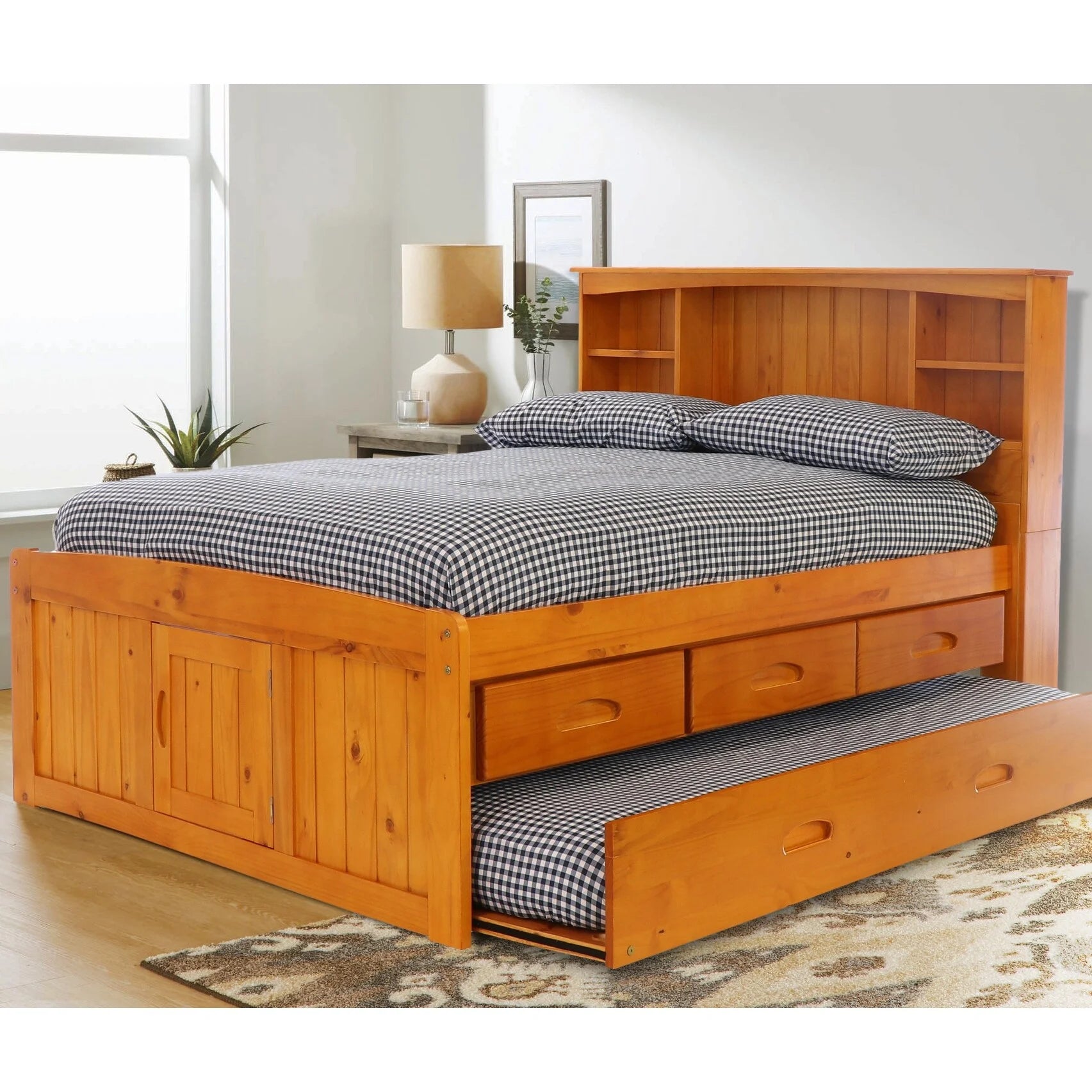 Solid Pine Full Captains Bookcase Bed with 3 Drawers and Twin Sized Trundle in Warm Honey U65643