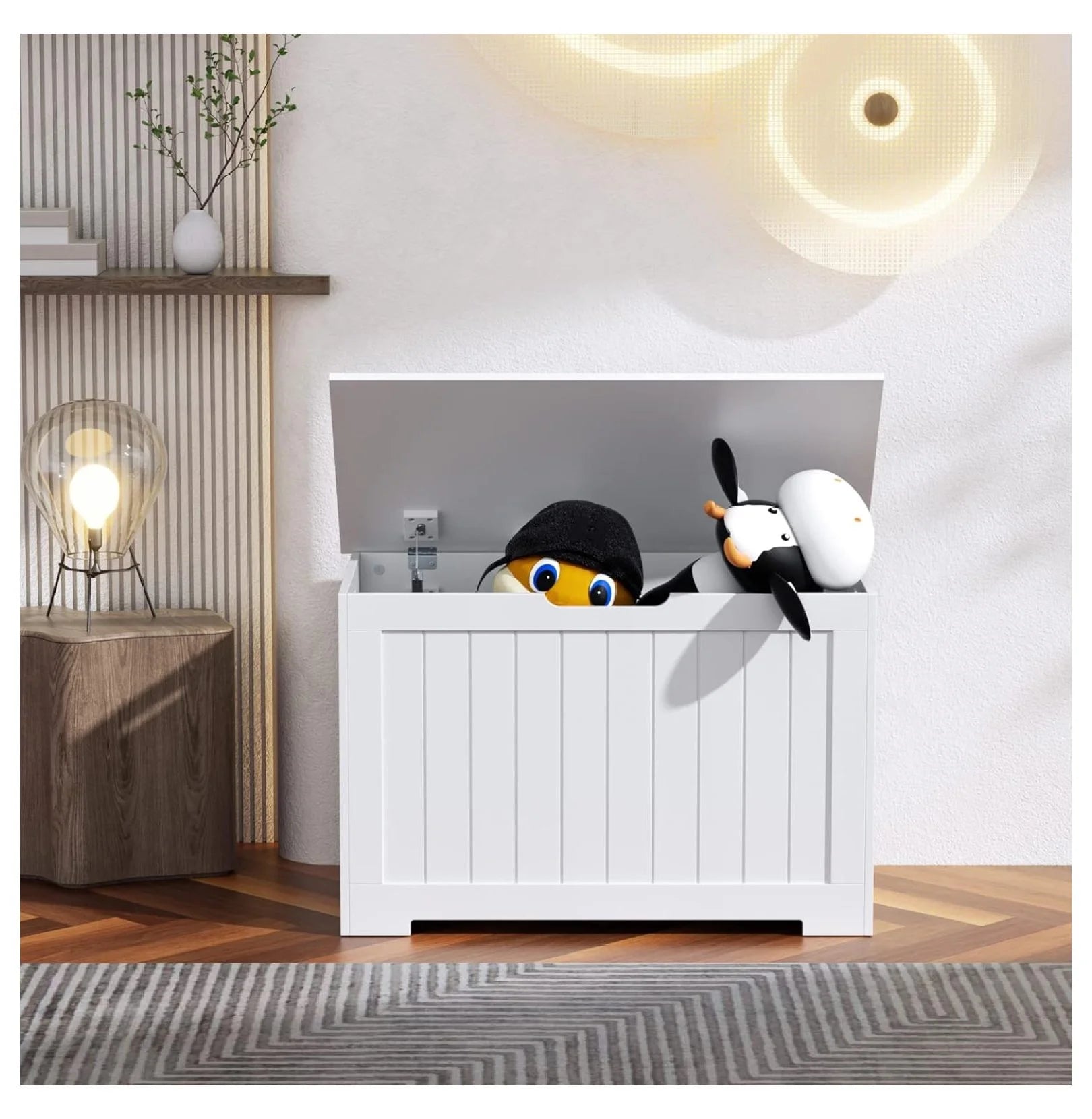 White Wooden Toy Box Storage Chest with 2 Safety Hinges J1425