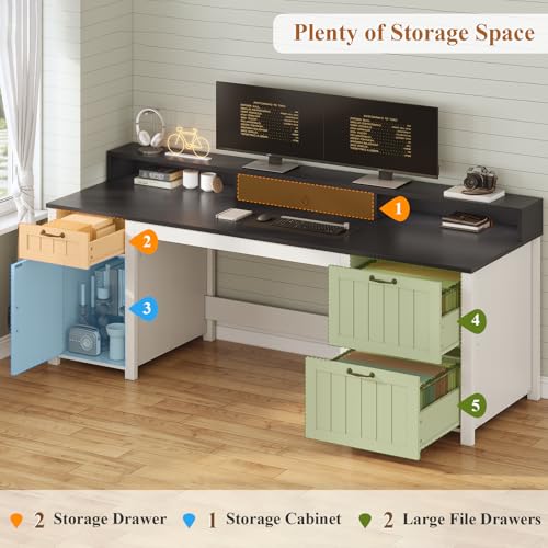 White 63" Wood Desk with File Drawer and Monitor Stand T790