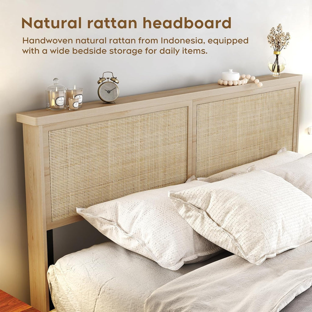 Natural Rattan Queen Bed Frame with Wooden Headboard and 4 Storage Drawers R353431