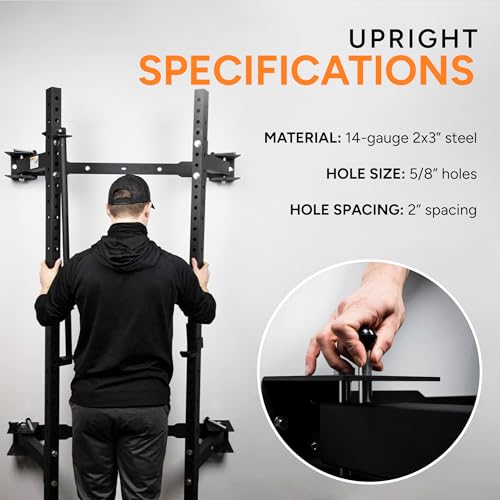 Wall Mounted Folding Power Squat Rack - Heavy Duty Adjustable Pull Up Bar, Home Gym Equipment with Durable J-Cups - Black W258