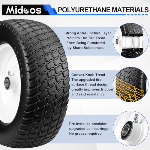 15x6.00-6nhs Lawn Mower Tires Flat Free, 2 Pcs 15x6-6 Tire and Wheel with 3/4" & 5/8" Precision Bearings -1" Bushings & 3" Offset Hub L2658