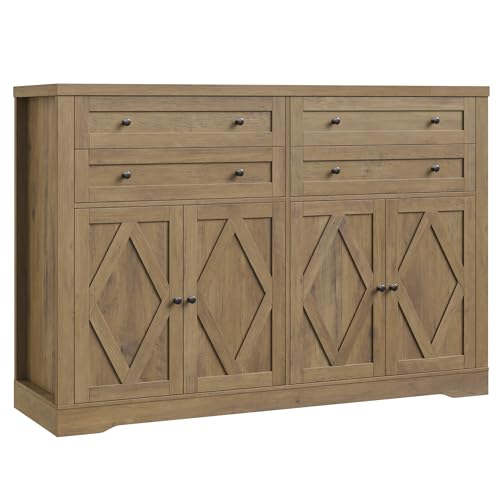 55" Coffee Bar with 4 Large Drawers, Tall Buffet Cabinet with Storage, Adjustable Shelves, Ash Grey H2885