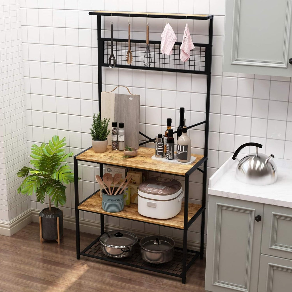 Rustic Brown 4-Tier Baker's Rack with 5 Hooks C855