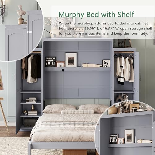 Full Size Murphy Bed with Two Wardrobes and Storage Shelf (White) J647