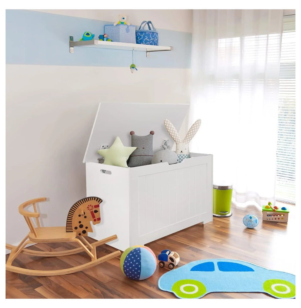 White Wooden Toy Box Storage Chest with 2 Safety Hinges J1425