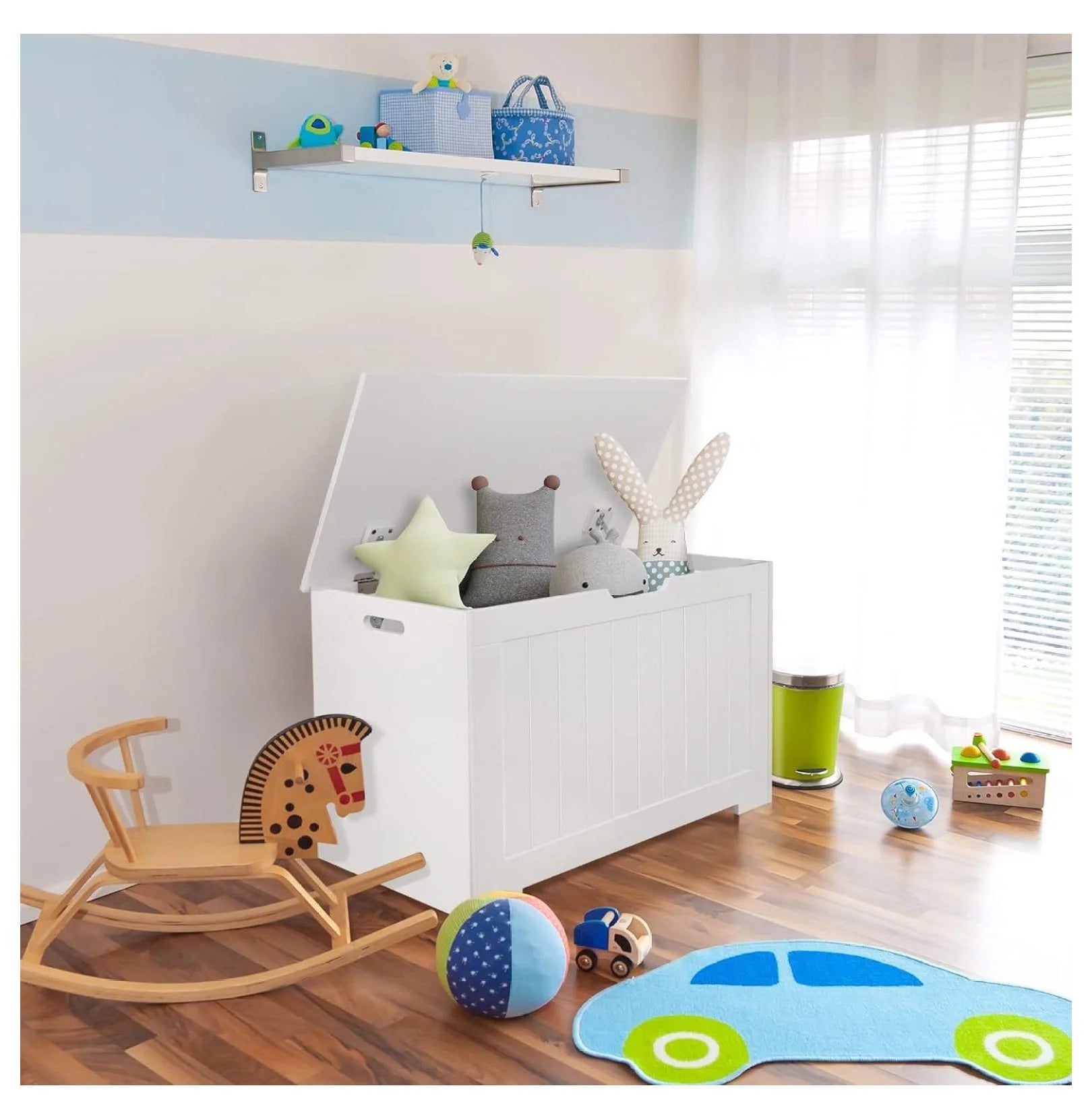 White Wooden Toy Box Storage Chest with 2 Safety Hinges J1425