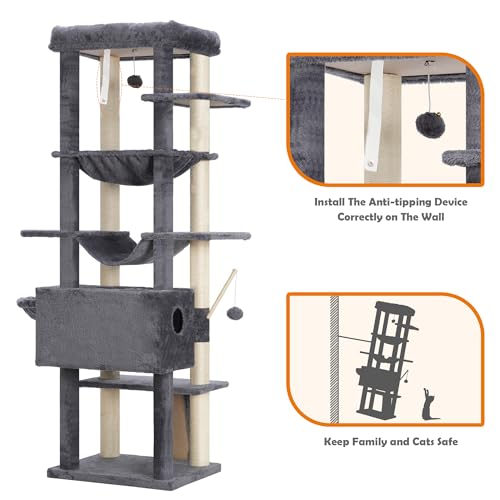 68.1-inch Tall Cat Tree with Sisal-Covered Scratching Posts, Smoky Gray T5598