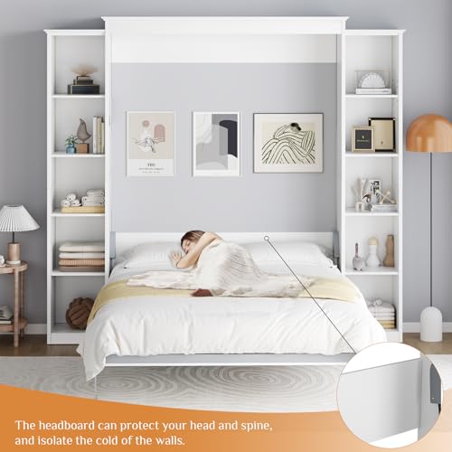 White Queen Murphy Bed Cabinet with 5-Tier Adjustable Storage Shelves L36209