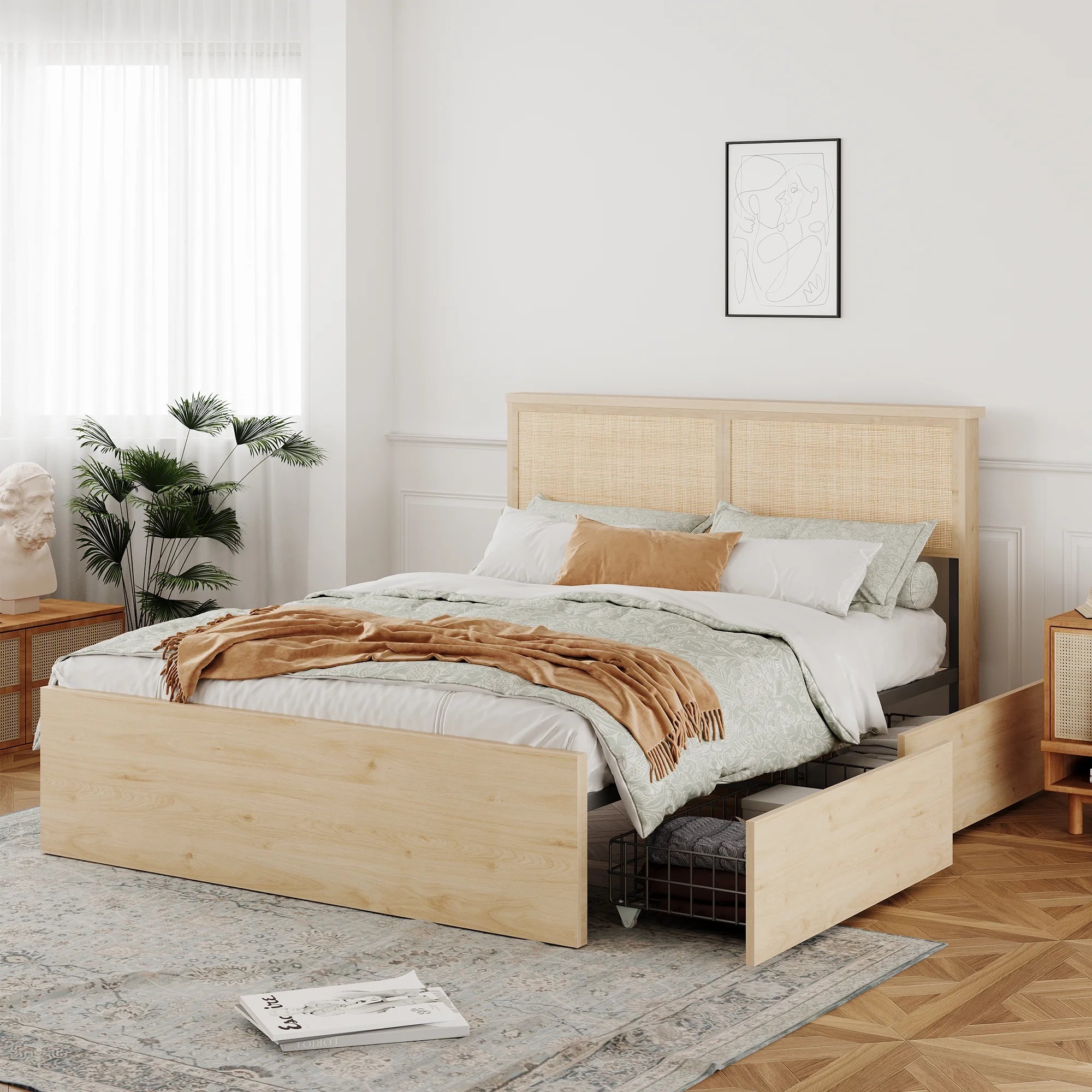 Natural Rattan Queen Bed Frame with Wooden Headboard and 4 Storage Drawers R353431