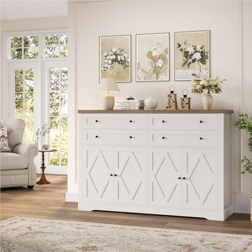 55" Coffee Bar with 4 Large Drawers, Tall Buffet Cabinet with Storage, Adjustable Shelves, Ash Grey H2885
