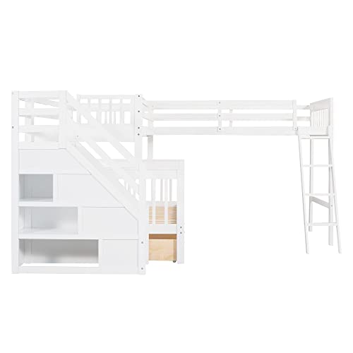 Twin over Full Triple Bunk Bed with Drawers and Stairway, L-Shaped Bunk Bed and Loft Bed Combo with Storage Compartment (Espresso) A737