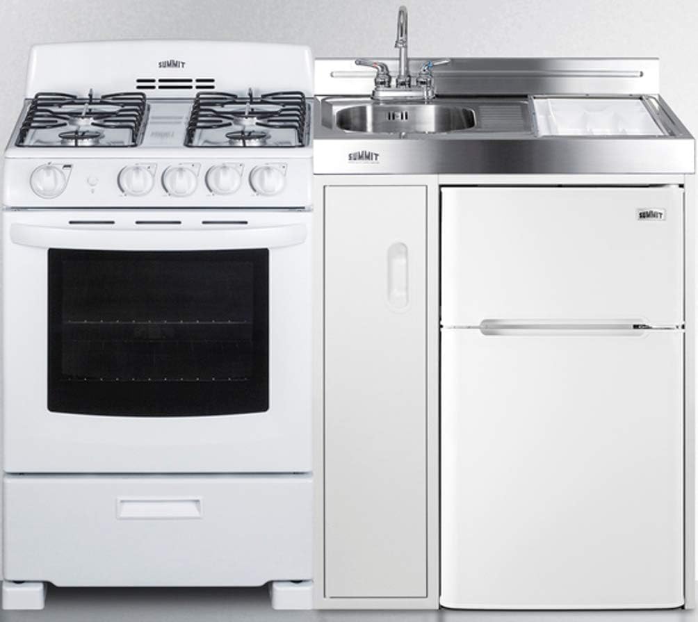 54" Wide All-in-One Kitchenette with 4-Burner Gas Range, Refrigerator-Freezer, Sink, Cutting Board and Storage Cabinet H7903