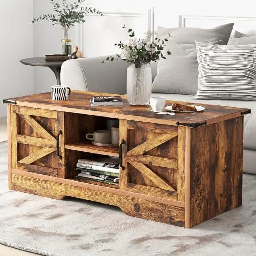 White Wooden Coffee Table with Barn Doors C708