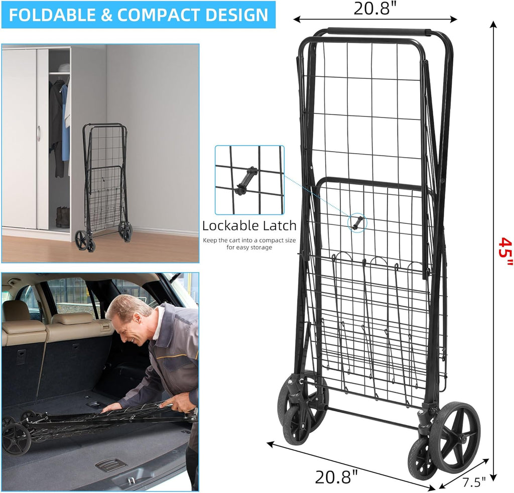 Folding Shopping Cart with Wheels Removable Oxford Cloth Liner Compact Utility Cart Black A6173