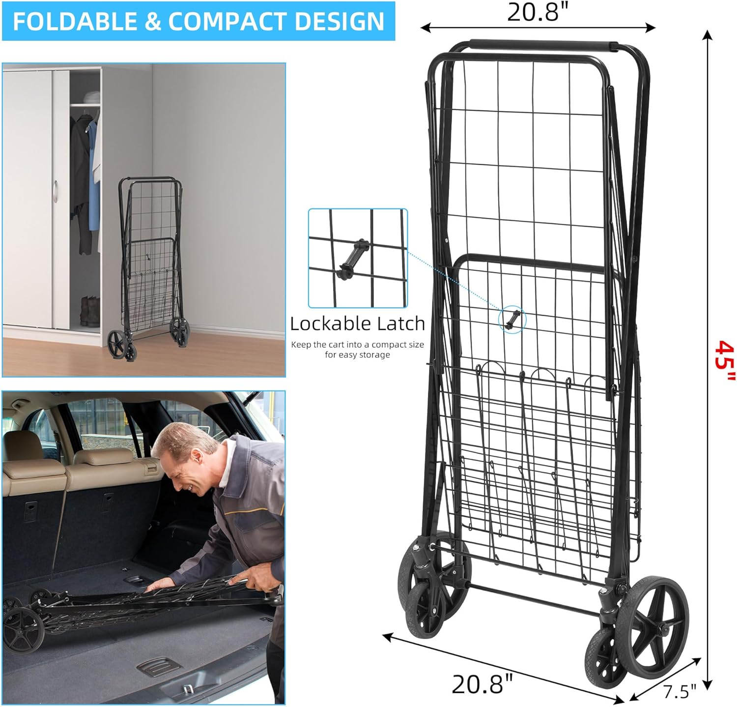 Folding Shopping Cart with Wheels Removable Oxford Cloth Liner Compact Utility Cart Black A6173