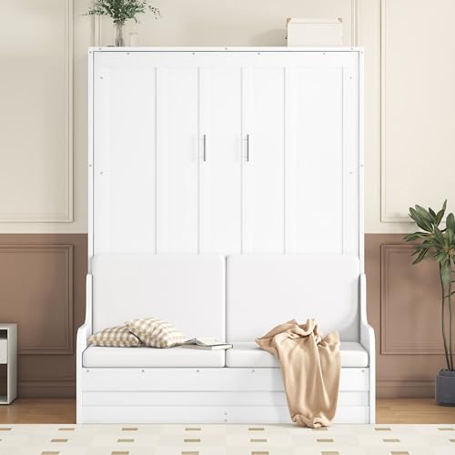 White Queen Size Wood Murphy Bed with Cushion T64867