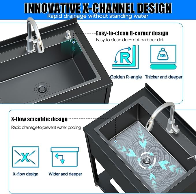 Stainless Steel Utility Sink 36.6" × 24.2" × 36.6" with Cold and Hot Water Faucet and Drain Kit E572