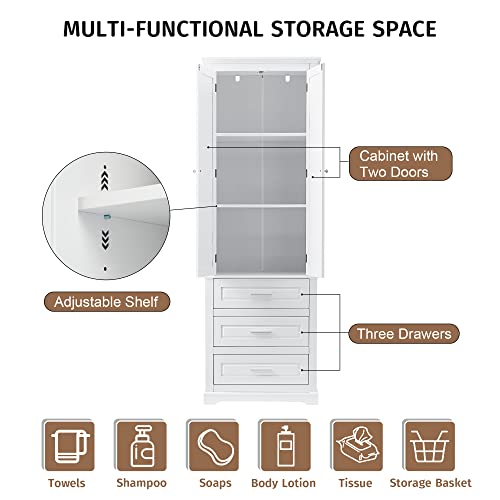 White 2 Door Tall Bathroom Storage Cabinet with 3 Drawers and Adjustable Shelves T5371