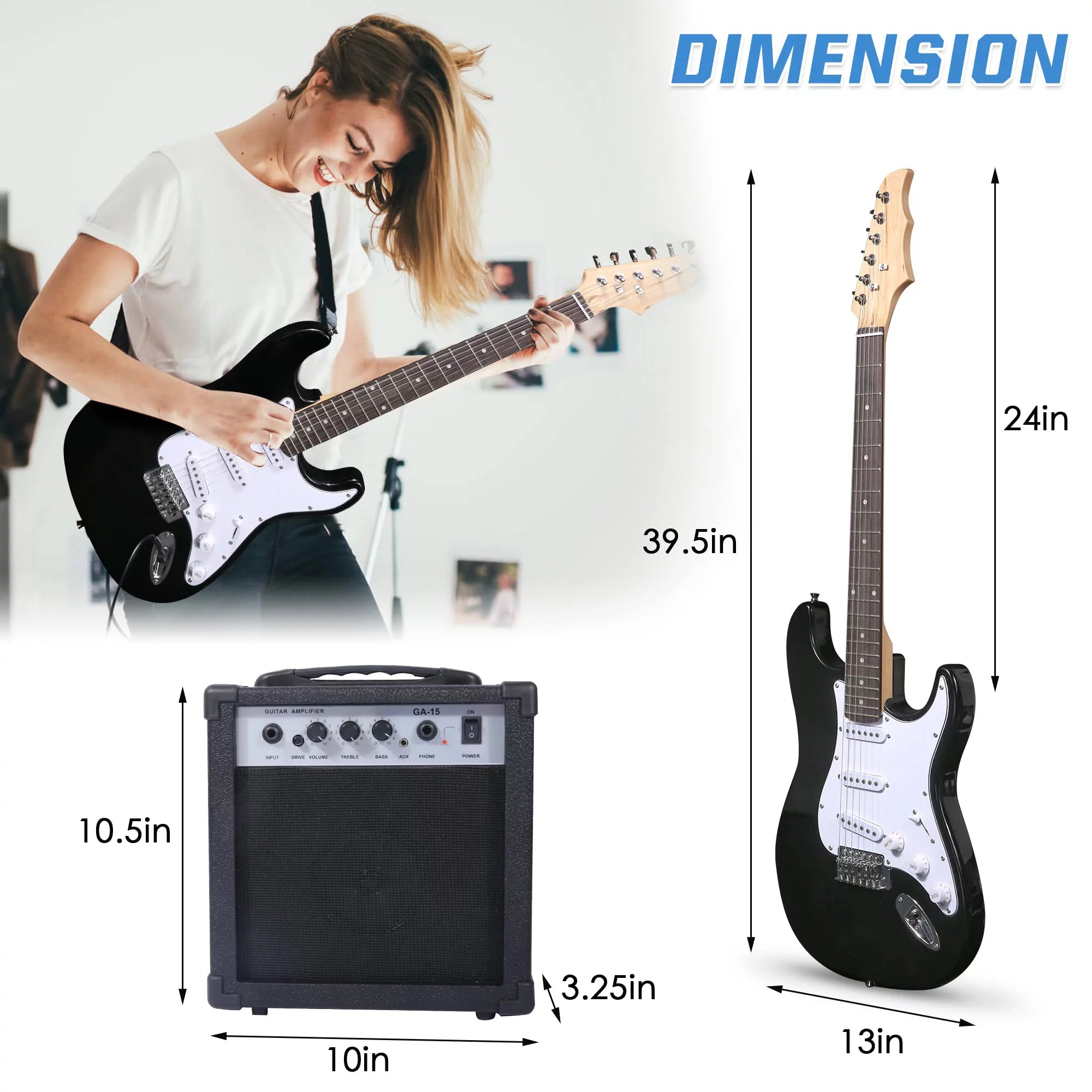 39 Inch Electric Guitar Starter Kit with 10W Amplifier, Carrier Bag, Tuner, Strings, Picks, Cable P2391