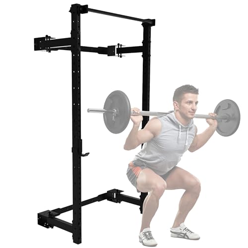 Wall Mounted Folding Power Squat Rack - Heavy Duty Adjustable Pull Up Bar, Home Gym Equipment with Durable J-Cups - Black W258