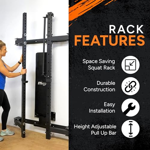 Wall Mounted Folding Power Squat Rack - Heavy Duty Adjustable Pull Up Bar, Home Gym Equipment with Durable J-Cups - Black W258