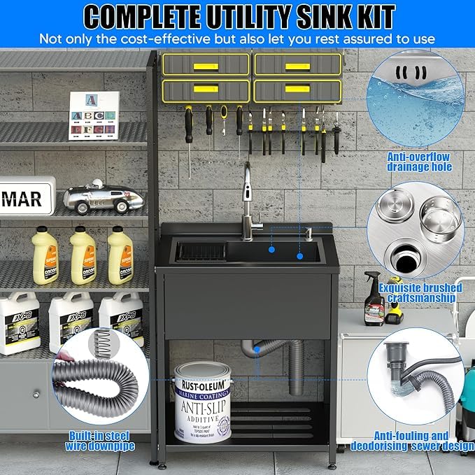 Stainless Steel Utility Sink 36.6" × 24.2" × 36.6" with Cold and Hot Water Faucet and Drain Kit E572