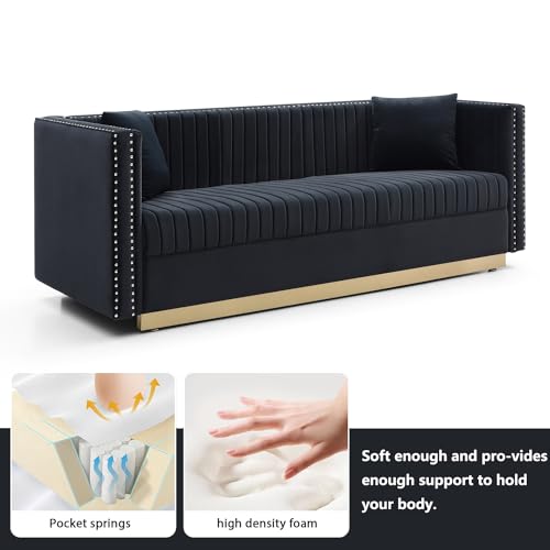 Black Velvet 3 Seater Sofa with Gold Metal Legs H658960