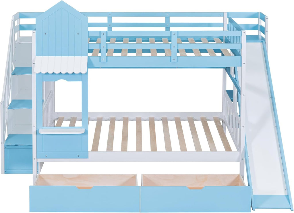 Full Over Full Solid Wood Bunk Bed with Stairs and Slide and Storage Drawers and Bookshelf (Blue) U370