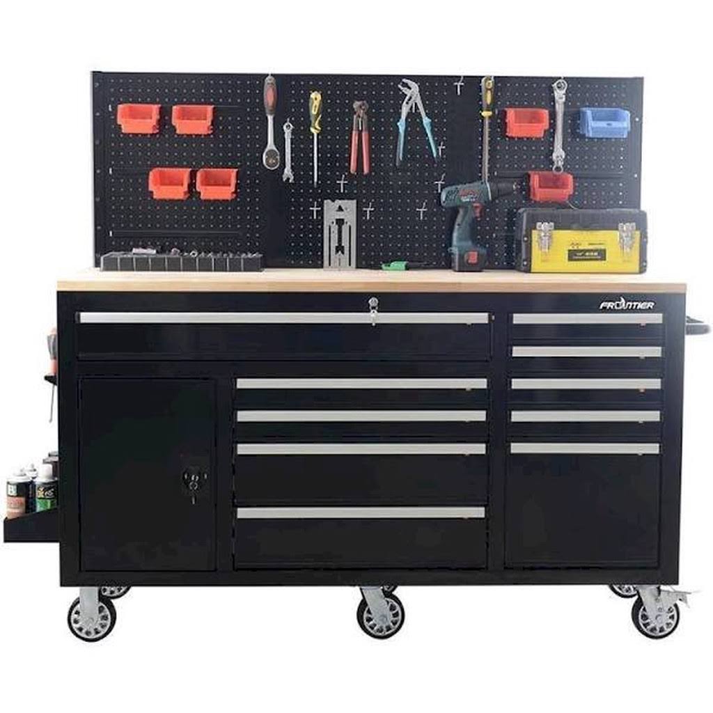 62 in. 10-Drawer Black Heavy Duty Tool Chest Cabinet with Pegboard Back Wall J77743