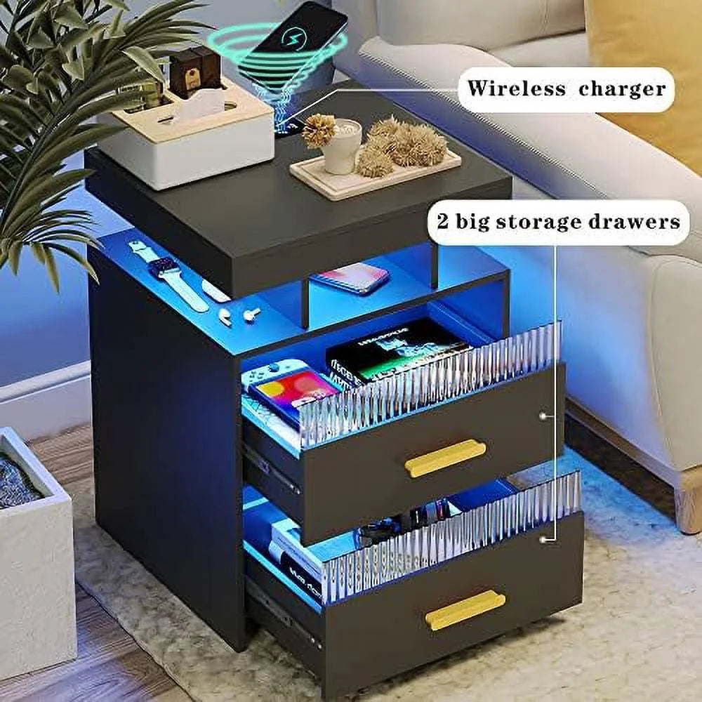 Gray Set of 2 Nightstands with 2 Drawers & LED Lights S257