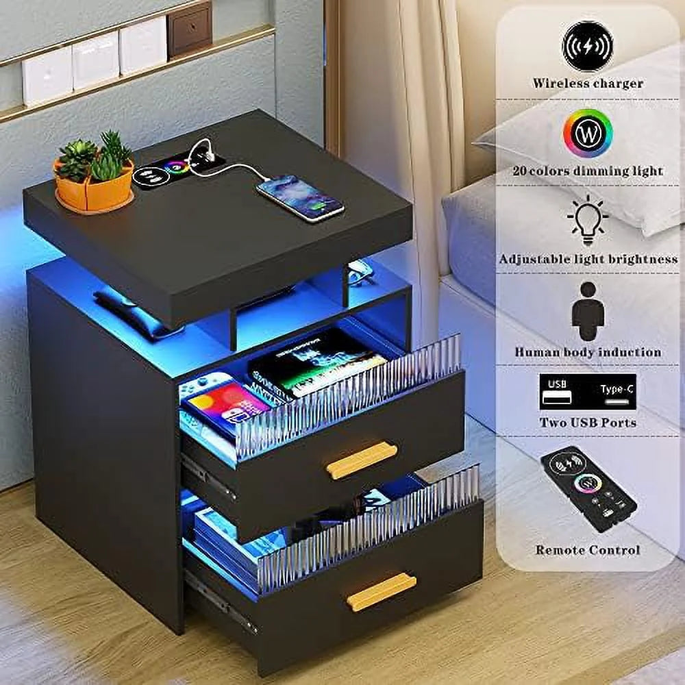 Gray Set of 2 Nightstands with 2 Drawers & LED Lights S257