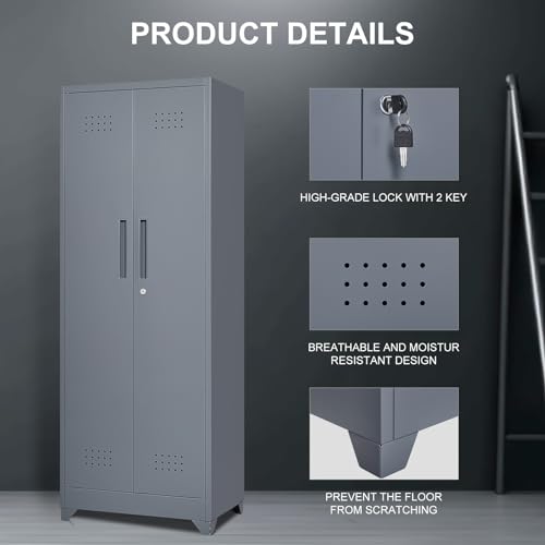Grey-White Metal Storage Cabinet with Doors and Adjustable Shelves M595553