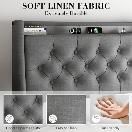 Gray Full Size Upholstered Bed Frame with 4 Storage Drawers and LED Lights A11372
