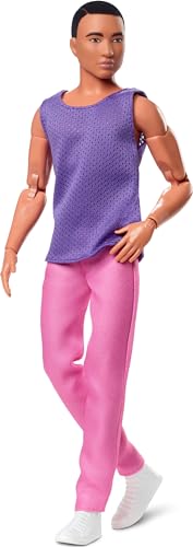 Barbie Ken Fashion Doll with Black Hair in Purple Mesh Top & Pink Trousers, Posable Collectible with Made to Move Body Z493
