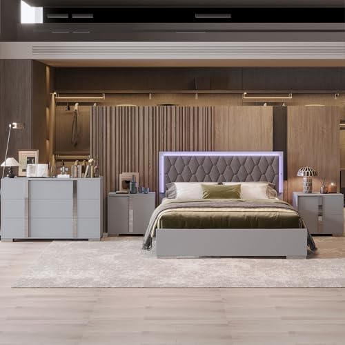 Queen Wood Upholstered Bed with LED Lights, 2 Mirrored Nightstands, 6-Drawer Dresser with Metal Handles and Legs (Grey) M8352