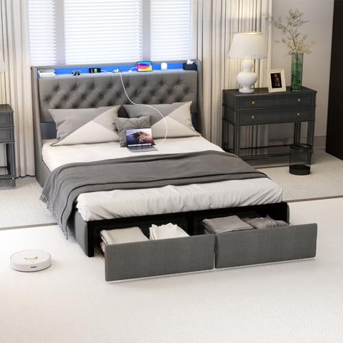 Gray Full Size Upholstered Bed Frame with 4 Storage Drawers and LED Lights A11372