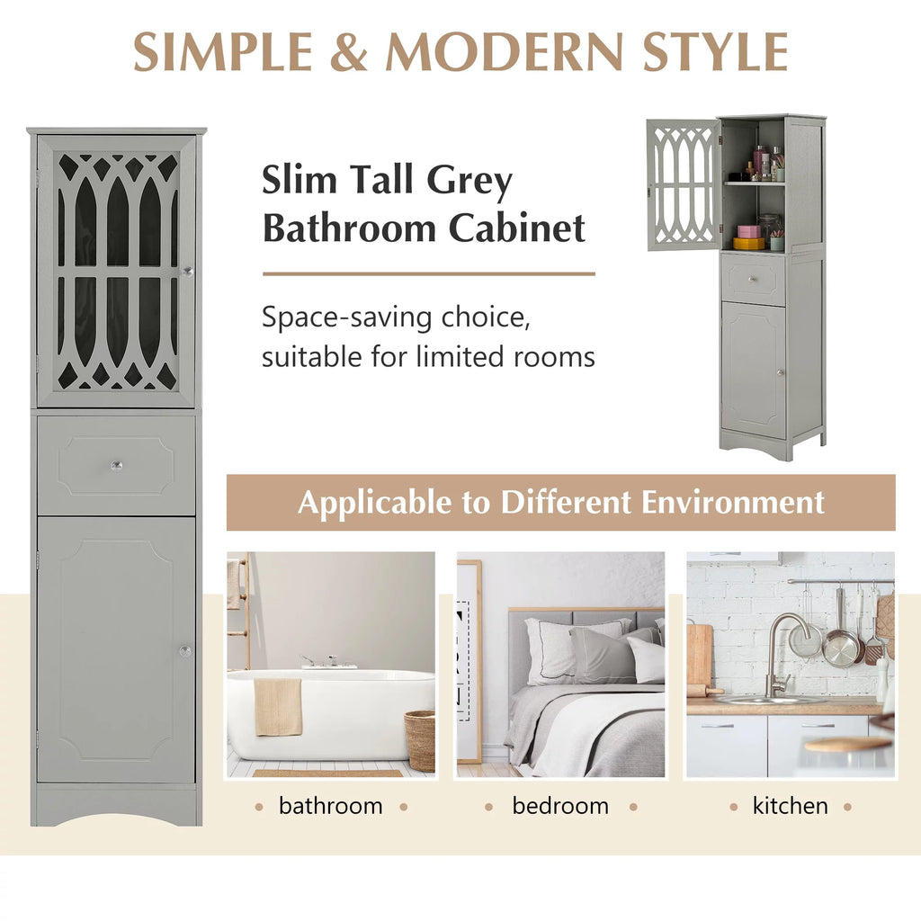 Tall Bathroom Storage Cabinet with Doors Drawers Wood Floor Freestanding Organizer S24252