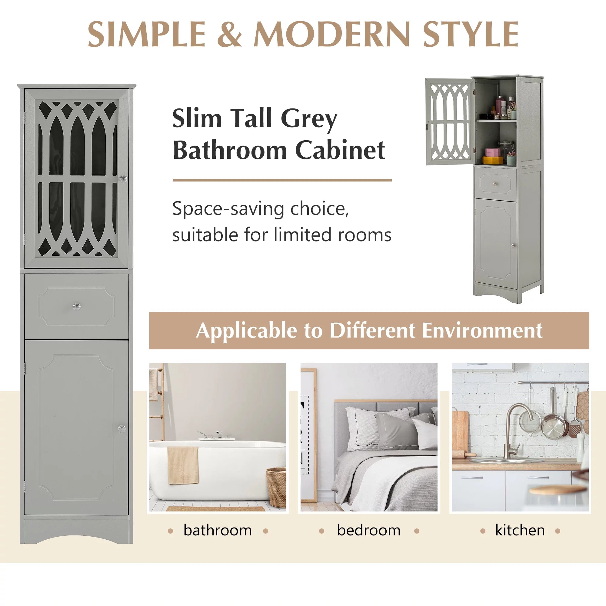 Tall Bathroom Storage Cabinet with Doors Drawers Wood Floor Freestanding Organizer S24252