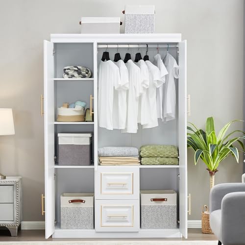 White Wood Storage Closet with Doors and Hanging Rod I69927