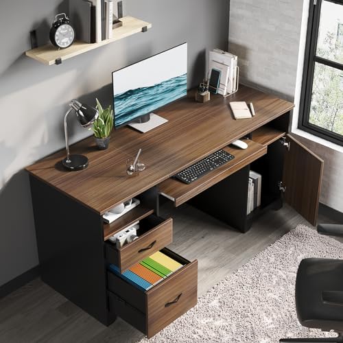 59" Executive Desk with 2 Drawers, Storage Cabinet, File Drawer, Keyboard Tray & 2 Pedestals, Cherry A98044