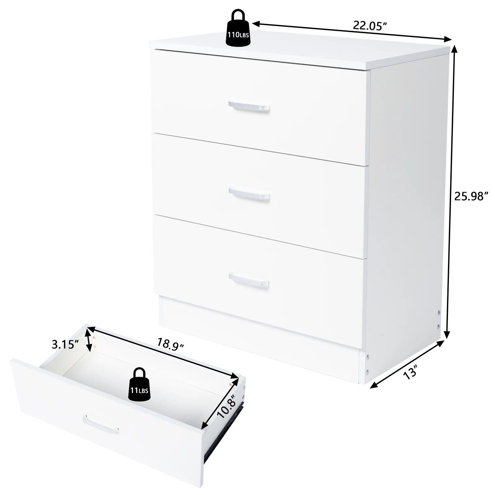 White 3-Drawer Wooden Dresser M65035