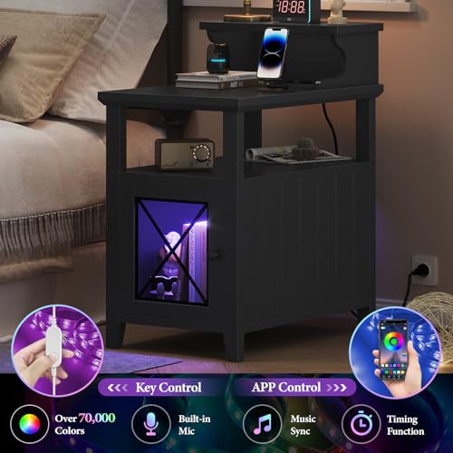 Black Farmhouse End Table with Charging Station and LED Lights C173