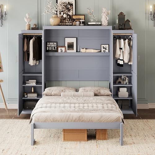 Full Size Murphy Bed with Two Wardrobes and Storage Shelf (White) J647