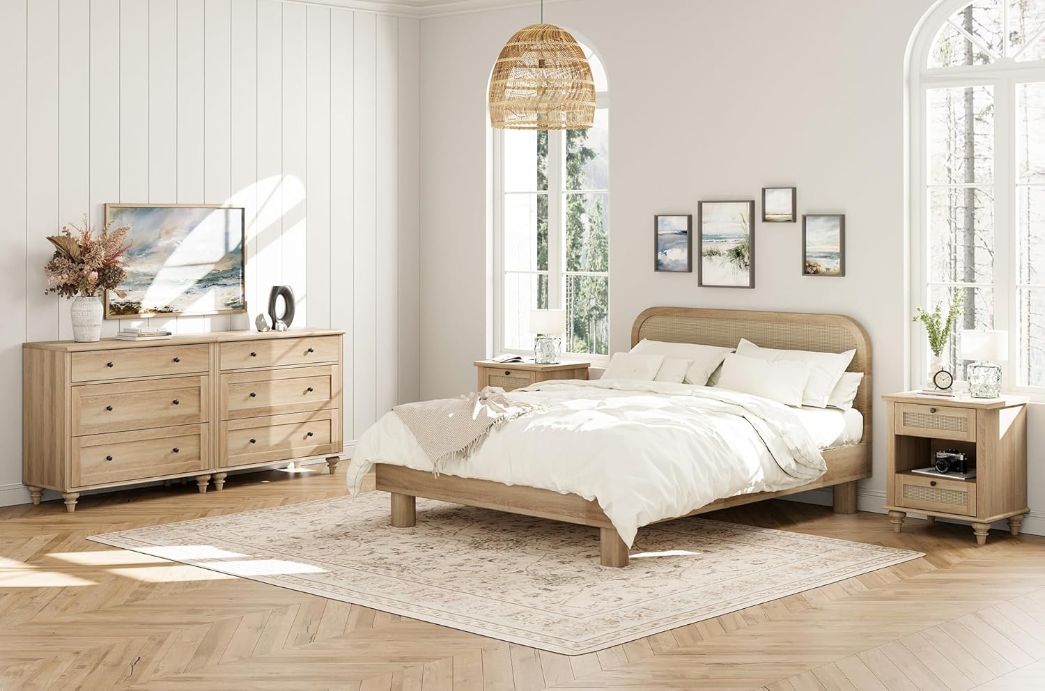 4 Piece Dresser and Nightstand Sets with Charging Station, Oak U308