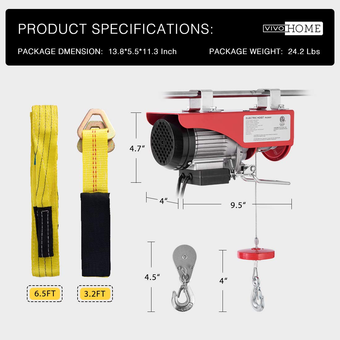 110V 440 Lbs Lift Electric Hoist with Zinc-Plated Steel Wire O732