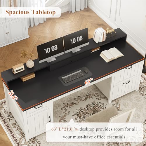White 63" Wood Desk with File Drawer and Monitor Stand T790