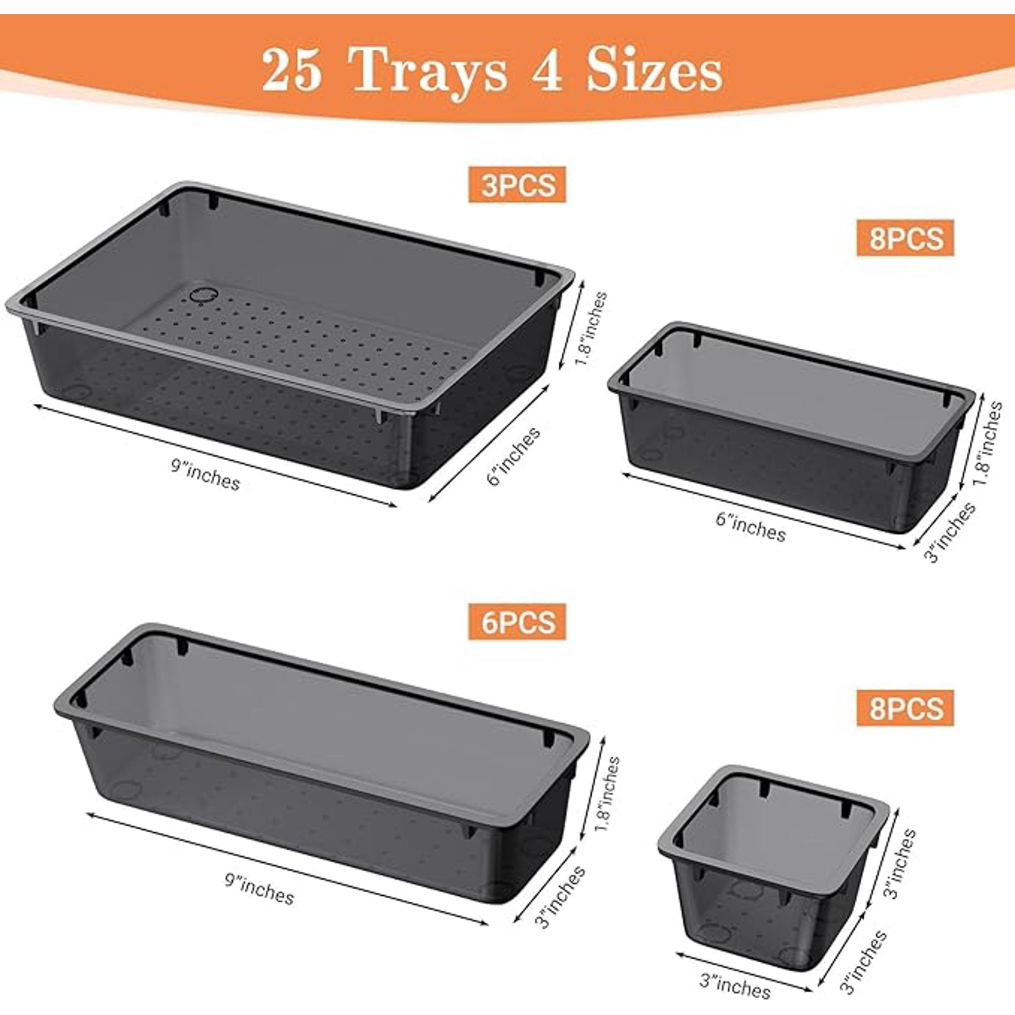 25 PCS Plastic Drawer Organizer Set, 4-Size Clear Black O978
