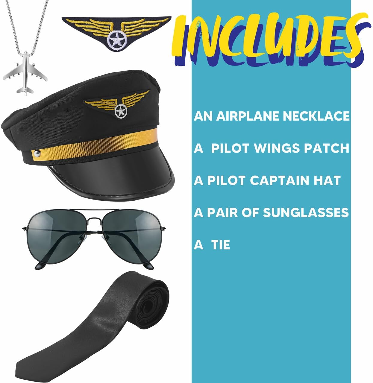 5 PCS Pilot Costume Kit with Sunglasses, Tie, Hat, Wings Patch and Necklace I308749